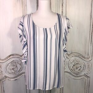 LC Lauren Lauren Conrad Striped Double Ruffle Sleeve Popover Top Size Large